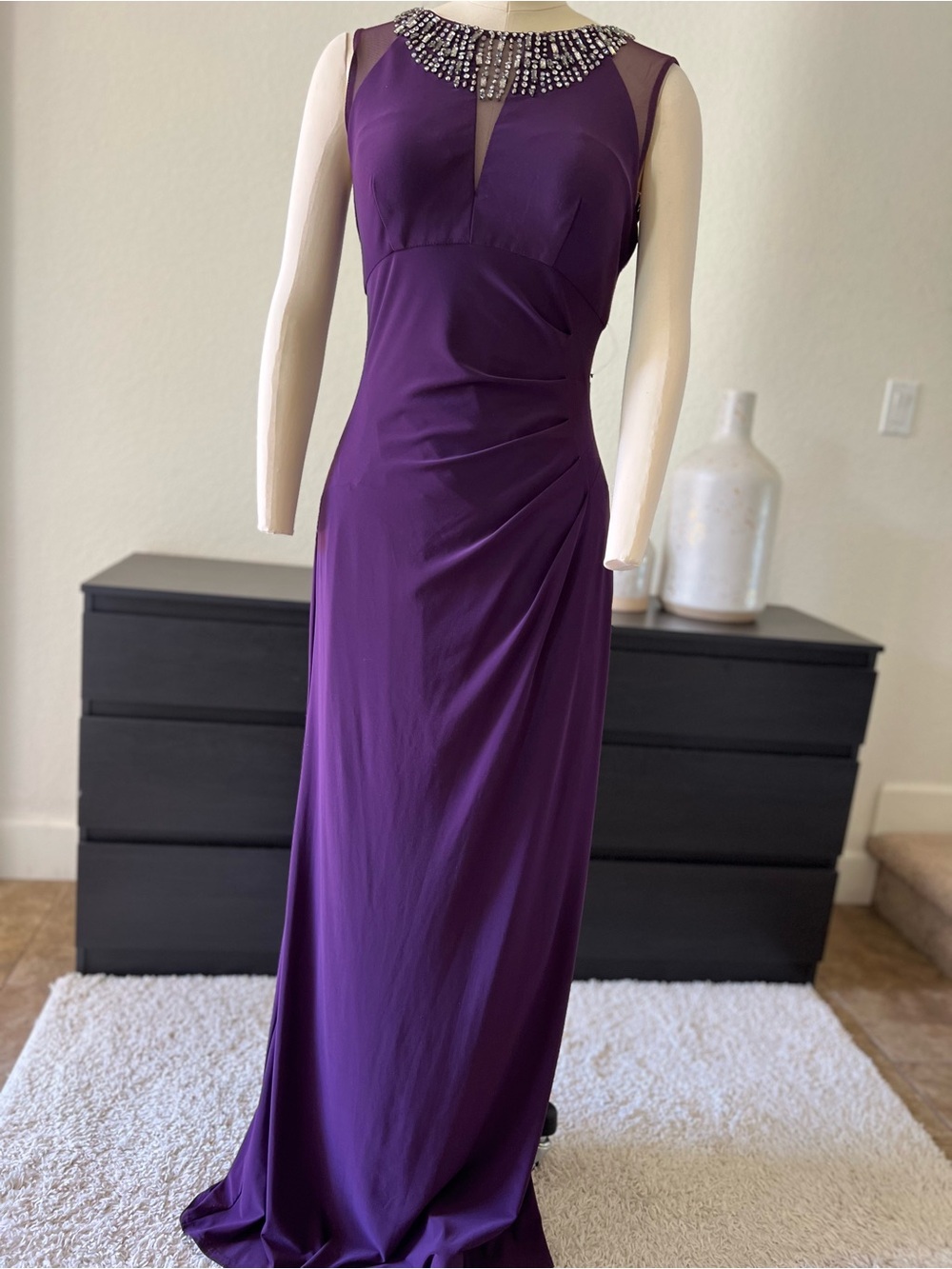 Elegant Purple Beaded Neckline Evening Gown